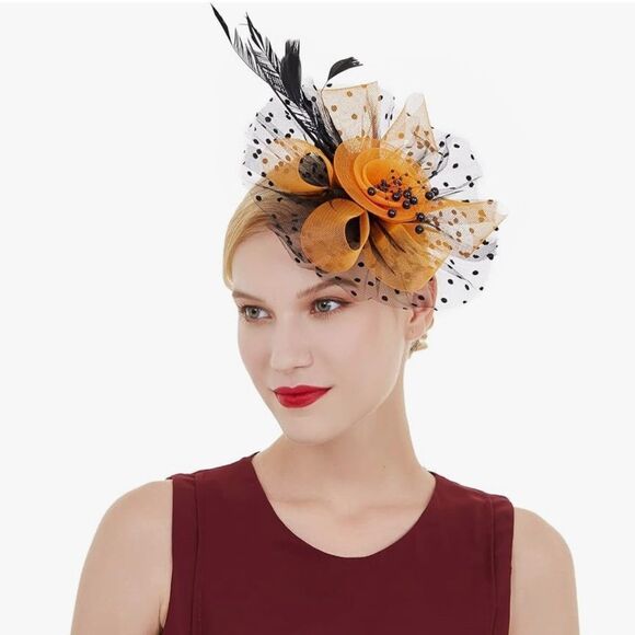 Fascinator Orange /Black Fascinator with Gloves and Pearl Jewelry Set hat - Picture 4 of 9